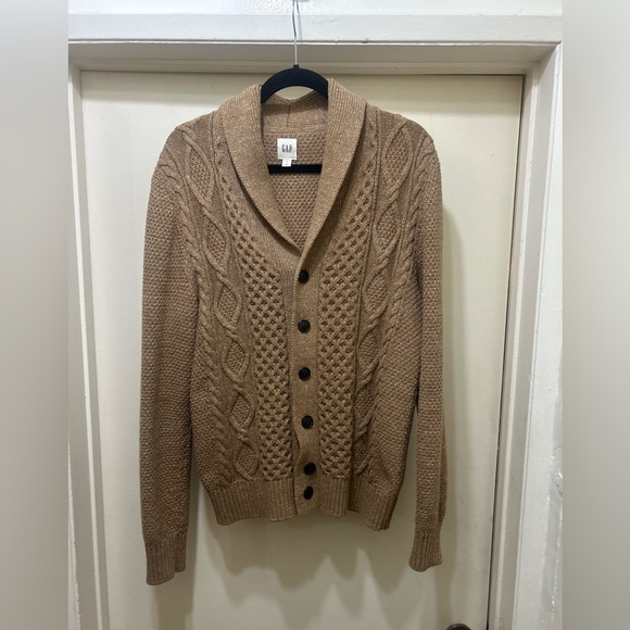 Gap Cardigan Sweater Cable Knit Chunky Mens M Camel Shawl Collar Grandpacore - Picture 2 of 8